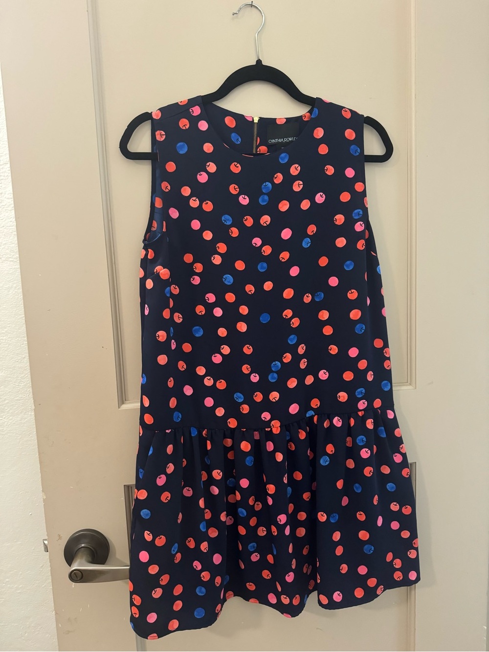 Cynthia Rowley Polka Dot Navy Drop-Waist Dress Size 4 With Pockets